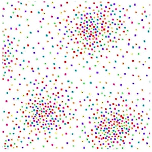 Może przedstawiać: Białe tło pokryte jest kolorowymi, rozrzuconymi kwadratami i kropkami. Kwadraty i kropki są w odcieniach czerwieni, niebieskiego, zieleni, żółci i fioletu. W niektórych obszarach wzór jest gęsty, a w innych rzadki.