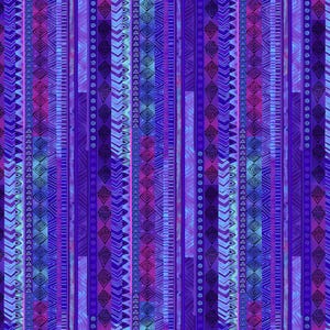 Może przedstawiać: Wzór bez szwów z pionowymi paskami w różnych odcieniach fioletu i błękitu. Paski są ozdobione geometrycznymi wzorami, w tym trójkątami, kwadratami i kółkami.