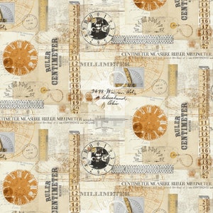 May include: A vintage-inspired seamless pattern featuring clocks, rulers, and maps in shades of brown and beige. The pattern includes text such as "CENTIMETER MEASURE RULER MILLIMETER" and "3698 Warren Rd., Cleveland, Ohio".