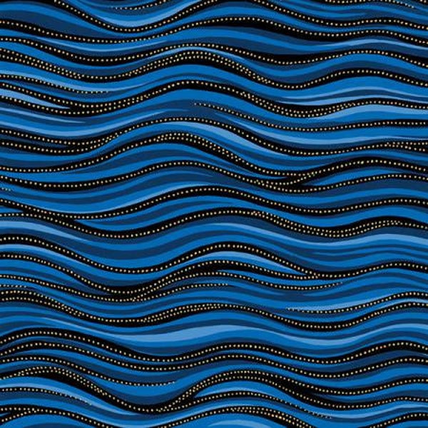 Laurel Burch Dark Blue Wave Metallic Fabric @1/2 YD
