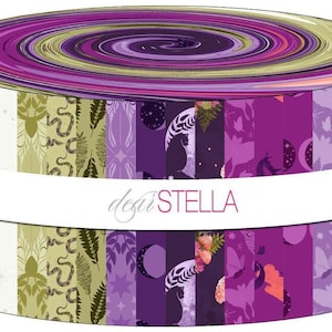 May include: A roll of purple, green, and pink fabric with a white label that says "dear STELLA". The fabric has a variety of patterns, including floral, geometric, and abstract designs.