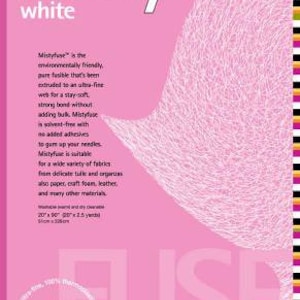 May include: A pink and white Mistyfuse product package. The text "Mistyfuse" is at the top, with "white" below it. The package has a pink background with white text and a white, textured design. The product is described as environmentally friendly.