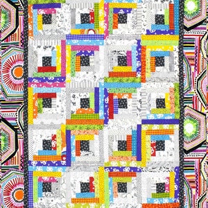 May include: A colorful quilt with a log cabin pattern. The quilt is made up of squares of different fabrics, each with a different pattern. The squares are arranged in a log cabin pattern, with the colors alternating. The quilt is surrounded by a border of black and white fabric.