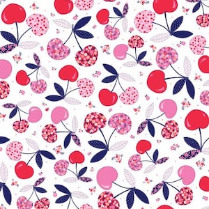 Può includere: Uno schema senza cuciture con ciliegie rosse e rosa con dettagli floreali su uno sfondo bianco.