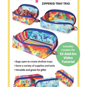 May include: A set of three colorful zippered pouches with a tie-dye pattern and stars. The pouches are open to reveal a variety of supplies, including pencils, scissors, and other craft items. The pouches are labeled "Drop Zone Zippered Tray Trio".