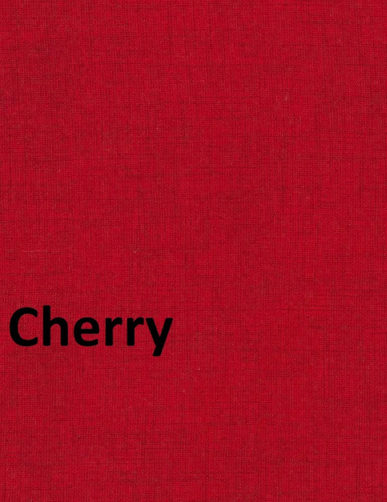 May include: A solid cherry red fabric swatch with the word "Cherry" printed in black.