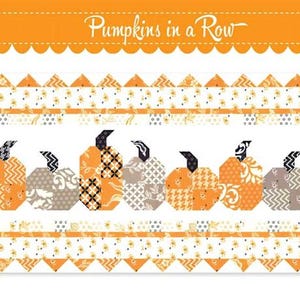 May include: A fabric panel featuring a row of patchwork pumpkins in shades of orange, gray, and cream. The pumpkins have black stems and are set against a white background with floral and geometric patterns. The text "Pumpkins in a Row" is at the top.