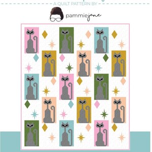 May include: A colorful quilt pattern titled "Pawm Springs" featuring a repeating design of stylized gray cats in rectangular blocks. The quilt measures 74" x 86" and includes text by "pammiejane".