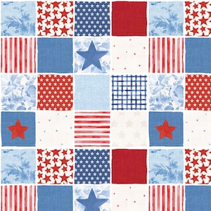 May include: A patchwork design featuring squares with patriotic patterns. The squares display red stars, blue stars, red and white stripes, blue floral patterns, and a large blue star on a white background. The overall color scheme is red, white, and blue.