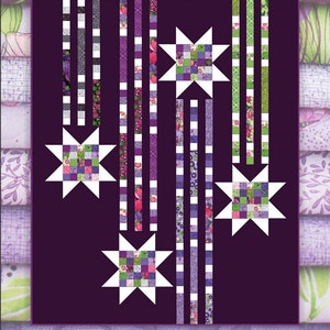May include: A quilting pattern featuring a purple background with white stars and colorful stripes. The pattern is titled "Showering Stars" and is by Robin Pickens Quilt Patterns.