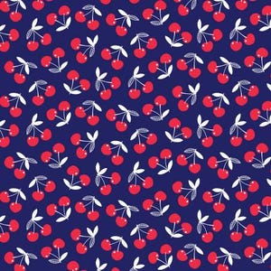 May include: A seamless pattern of red cherries with white stems and leaves on a dark blue background.