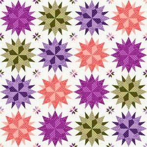 May include: A repeating pattern of 12-pointed stars in shades of purple, green, and pink on a white background.