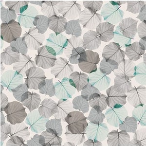 May include: A seamless pattern of overlapping translucent leaves in shades of gray and blue on a white background.