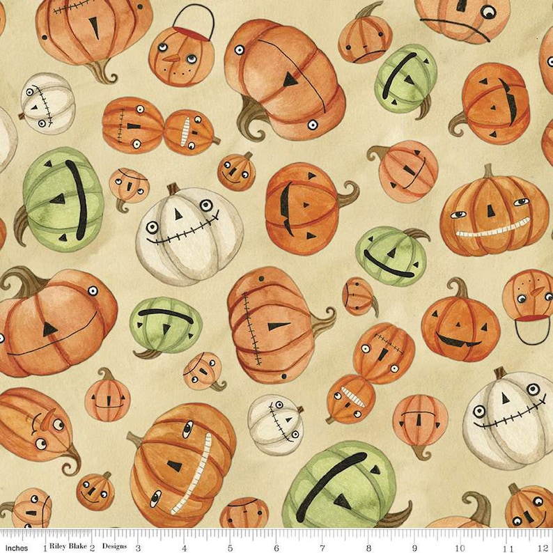 Halloween Whimsy-tyg för Riley Blake Designs TRE TYGER 1 = 1/2 YARD Pumpkins Parchment