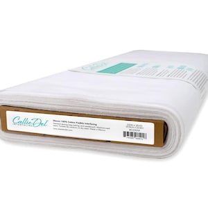 May include: A roll of white Callie Del interfacing fabric. The label reads "Woven 100% Cotton Fusible Interfacing" and the dimensions are 22 inches by 25 yards. The fabric is rolled around a cardboard core.