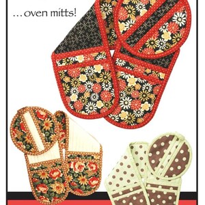 May include: Oven mitts and pot holders in various floral and polka dot patterns. The mitts and pot holders have red, black, yellow, and white floral designs, and brown and white polka dot designs. The text "Keep Your Cool! ... oven mitts!" is at the top.