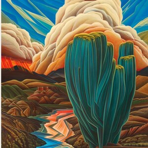 May include: A vibrant painting depicting a large, teal-colored saguaro cactus in the foreground. The landscape features rolling brown hills, a winding river reflecting orange and blue light, and massive, billowing clouds in shades of white and gold.