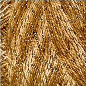May include: A skein of yarn featuring a twisted, multi-ply construction in a warm, metallic gold hue. The fibers are interwoven with shimmering, reflective gold metallic threads that create a textured, sparkling appearance across the surface.