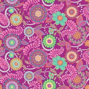 May include: A vibrant, seamless pattern featuring stylized floral and paisley elements in shades of fuchsia, pink, teal, orange, and yellow on a deep purple background. The design includes detailed floral medallions and leafy accents.