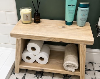 Handmade Rustic Wooden Shower Bench | Spa Stool | Bath Side Stool | Bathroom Storage Unit | Small Wooden Stool