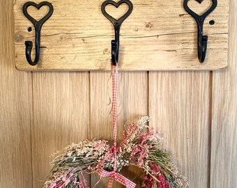 Rustic Wooden Coat Rack | Black Cast Iron Heart Hooks | Coat Pegs - Coat Storage | Coat Hanger | Gift