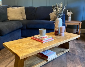 Handmade Reclaimed Wooden Coffee Table | Rustic Solid Wood | Farmhouse Style | Storage Shelf | Custom Sizes | UK