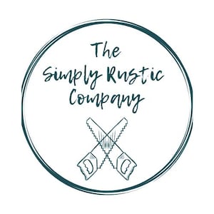 May include: A teal blue circle with a white background and the text "The Simply Rustic Company" in a handwritten font. Two crossed saw blades are below the text.