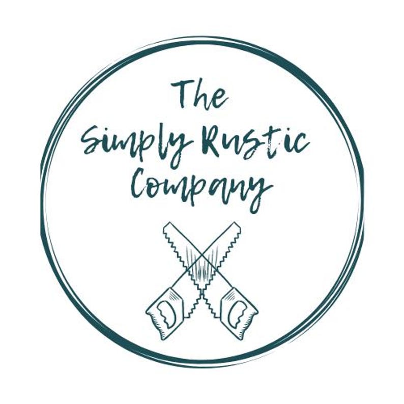 May include: A teal blue circle with a white background and the text "The Simply Rustic Company" in a handwritten font. Two crossed saw blades are below the text.