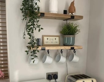 PAIR of Rustic Wooden Shelves | ONE with Hooks | Handmade in UK | With or without brackets | 22.5cm Depth x 3.5cm Thick