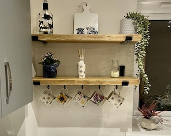 Rustic Shelf WITH HOOKS | Handmade from Reclaimed Wood | Kitchen Shelves | With or without brackets | 22.5cm Depth x 3.5cm Thick