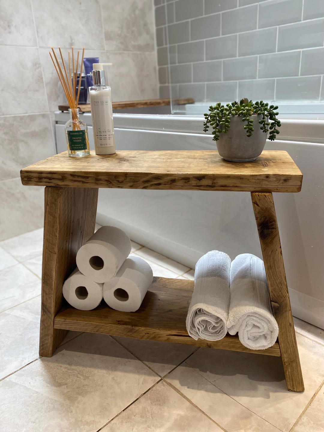 Handmade Rustic Wooden Milking Stool | Milkmaid Side Table With Shelf ...