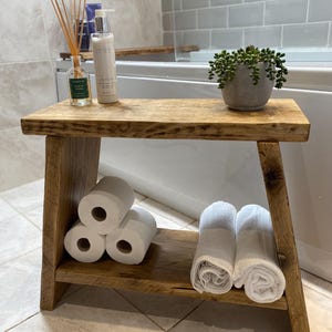 Handmade Rustic Wooden Milking Stool - Milkmaid Side Table with Shelf - Bathroom Storage Unit - Small Wooden Stool - Reclaimed Timber