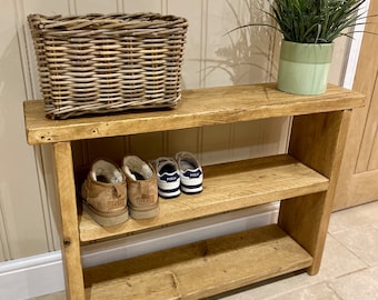 Handcrafted Rustic Wooden Shoe Bench | Solid wood Shoe Rack | Hallway Bench | TV Stand | Storage Shelves | Shelving Unit
