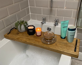 Rustic Wooden Bath Caddy with Black Cast Iron Handles | Handmade Reclaimed Bath Board | Custom Sizes