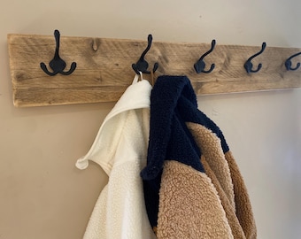 Handcrafted Rustic Wooden Coat Rack | Black Cast Iron Coat Hooks | Reclaimed Wood | Solid Pine | Made to Measure
