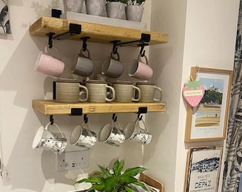 Rustic Shelf with CAST IRON HOOKS | Handmade Wooden Kitchen Shelving | With or Without Brackets | 22.5cm Depth x 3.5cm Thick