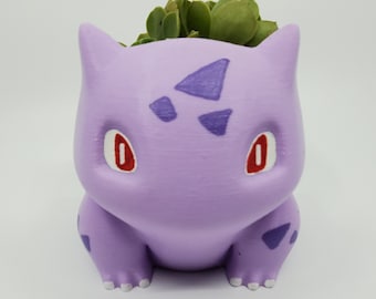 Purple Painted Bulbasaur Planter, Pokémon Decor with Drip Tray