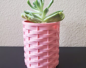 Pink Basket Weave Planter, Soft Pastel Room Accessory, Small Indoor Planter, Pencil Holder