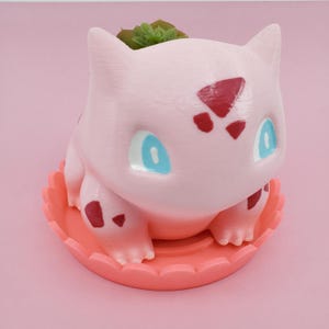 May include: Pink and red 3D printed planter shaped like a Pokemon character, with a small green succulent plant inside.