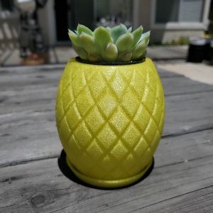 May include: A yellow pineapple-shaped planter with a green succulent plant growing inside. The planter has a textured surface and a shiny finish.