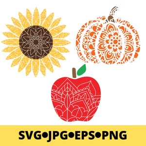 Mandala de Outono SVG Sublimação - Girassol Abóbora Maçã Mandala SVG png - Zentangle de Fazenda de Outono SVG - Padrão de Ação de Graças de Colheita de Outono