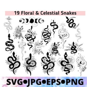Pacote MEGA Snake SVG - Cobra do Jardim Botânico SVG sublimação - Cobra Celestial SVG - Cobras e Rosas - Cobras e Flores SVG Cobra da Lua