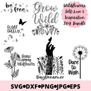 Flores silvestres Amor próprio Jardim de ervas Sublimação SVG - Botânico Flores silvestres SVG - Floral Margarida Dente-de-leão SVG - Citações de flores svg