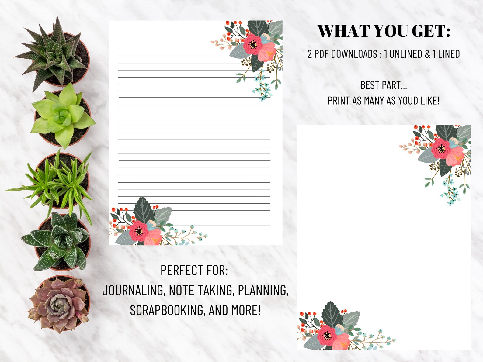 Printable Lined &amp; Unlined Stationery Paper Floral Stationery | Etsy