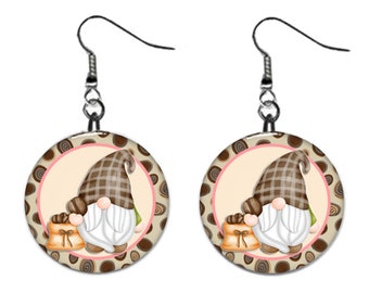 Gnome with Coffee Beans Jewelry Metal Button Novelty Earrings 1 inch diameter MADE in USA