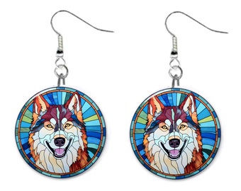 Husky Dog Stained Glass Printed Design Pet Jewelry Metal Button Novelty Earrings 1 inch diameter MADE in USA
