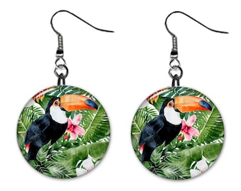 Tropical Toucan - Jewelry Metal Button Novelty Earrings 1 inch diameter MADE in USA