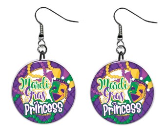 Mardi Gras Princess Fat Tuesday Jewelry Metal Button Novelty Earrings 1 inch diameter MADE in USA