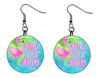 Pink Flamingo Strut Your Stuff Tropical  Summer Beach  Jewelry Metal Button Novelty Earrings 1 inch diameter MADE in USA