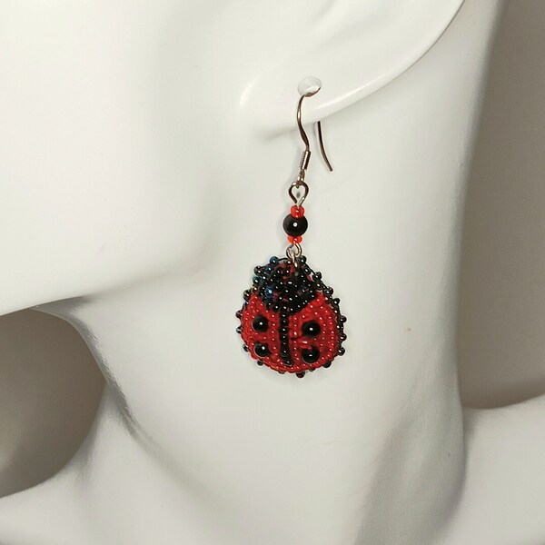 Beaded Lady Bug, Ladybug Dangle Earrings Jewelry appx 1 in